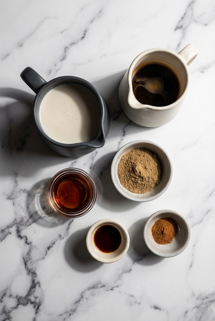Flat lay of mushroom coffee recipe ingredients featuring Lion's Mane, Chaga, and MCT oil on a contemporary marble countertop.