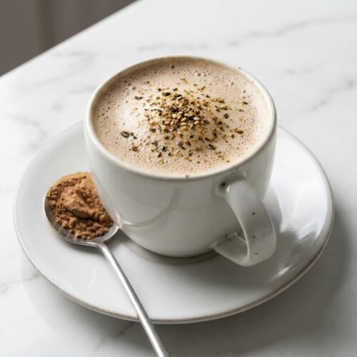 Frothy mushroom coffee recipe in a minimalist ceramic mug on a white marble surface with a toasted umami finish.