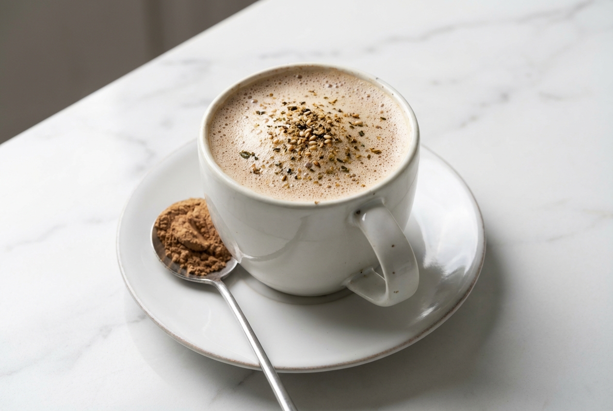 Frothy mushroom coffee recipe in a minimalist ceramic mug on a white marble surface with a toasted umami finish.