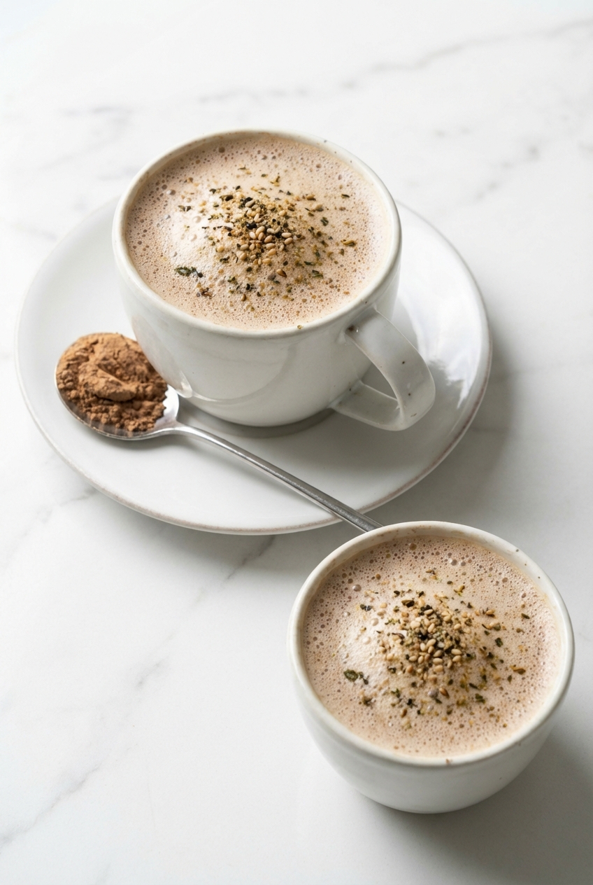Two different variations of the mushroom coffee recipe served in ceramic cups on a white marble surface with soft shadows.