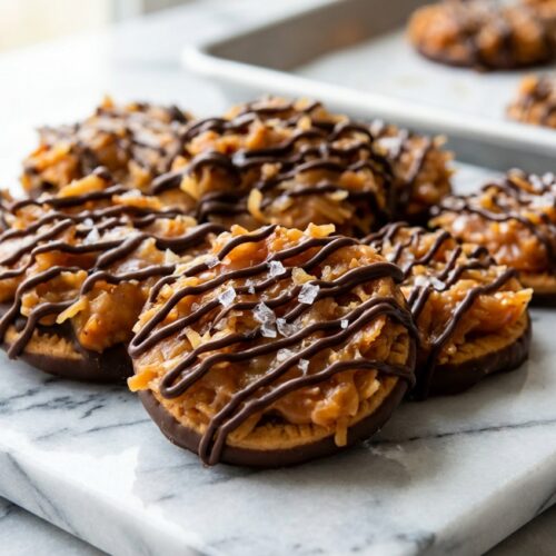 No Bake Samoa Cookies hero shot with brown butter coconut and smoked sea salt on white marble.