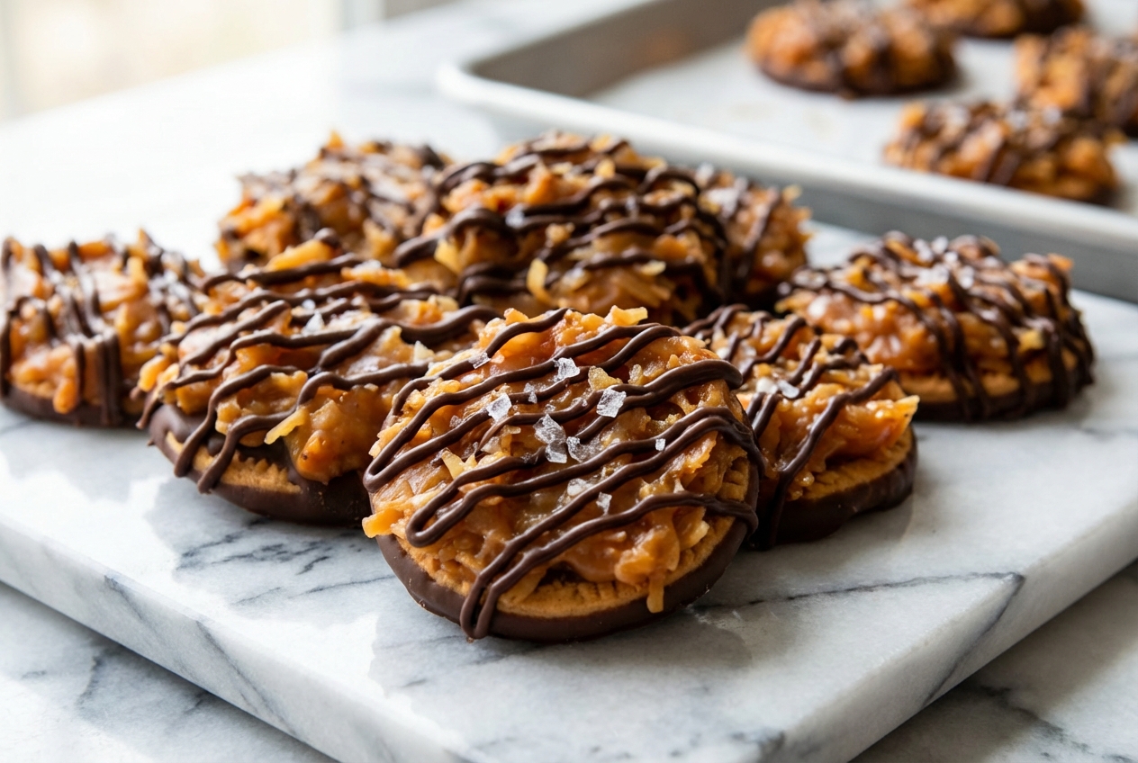 No Bake Samoa Cookies hero shot with brown butter coconut and smoked sea salt on white marble.