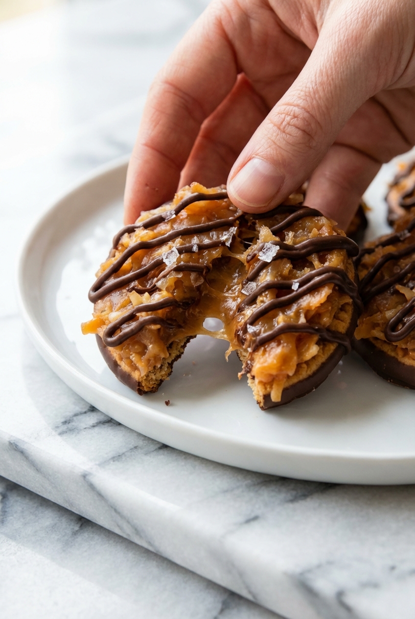 Macro of toasted coconut Maillard reaction on No Bake Samoa Cookies in a minimalist ceramic vessel.