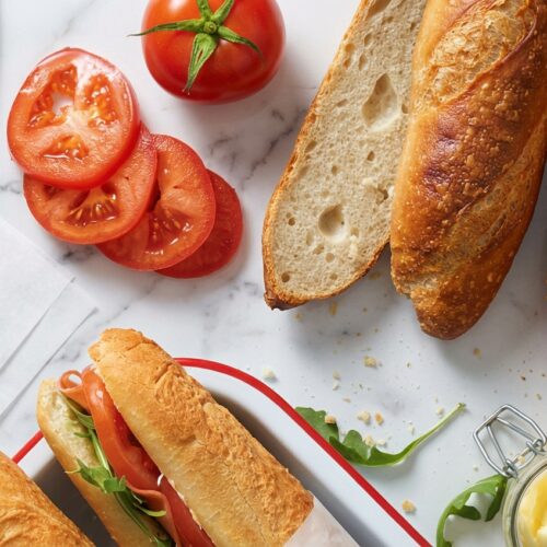 Golden No Knead Baguette Recipe loaves with professional scoring and crispy crust from diastatic malt on white marble.