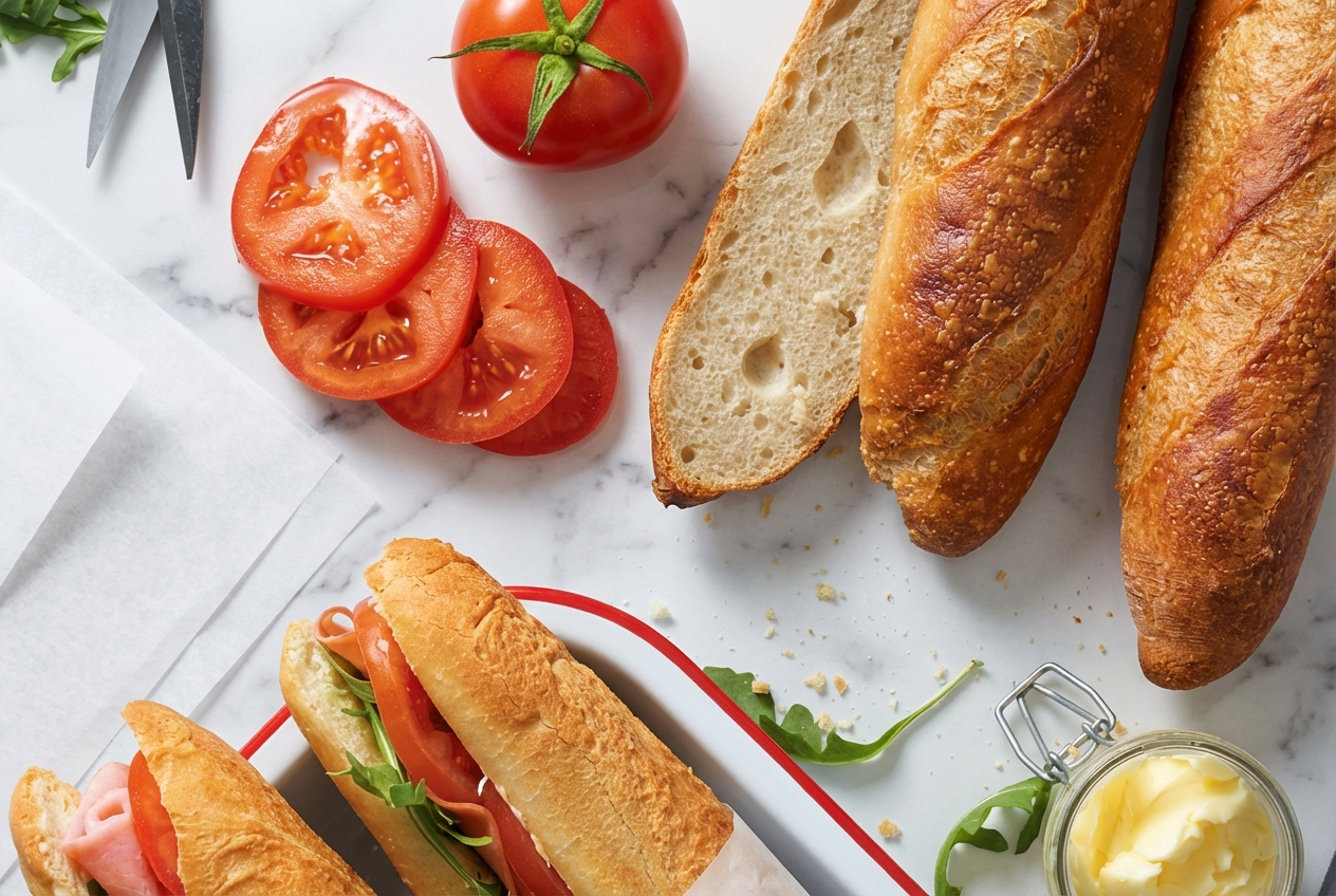 Golden No Knead Baguette Recipe loaves with professional scoring and crispy crust from diastatic malt on white marble.