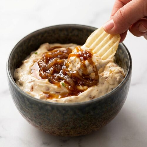 Creamy onion dip topped with sherry deglazed onions in a minimalist ceramic bowl on a white marble surface with soft shadows.