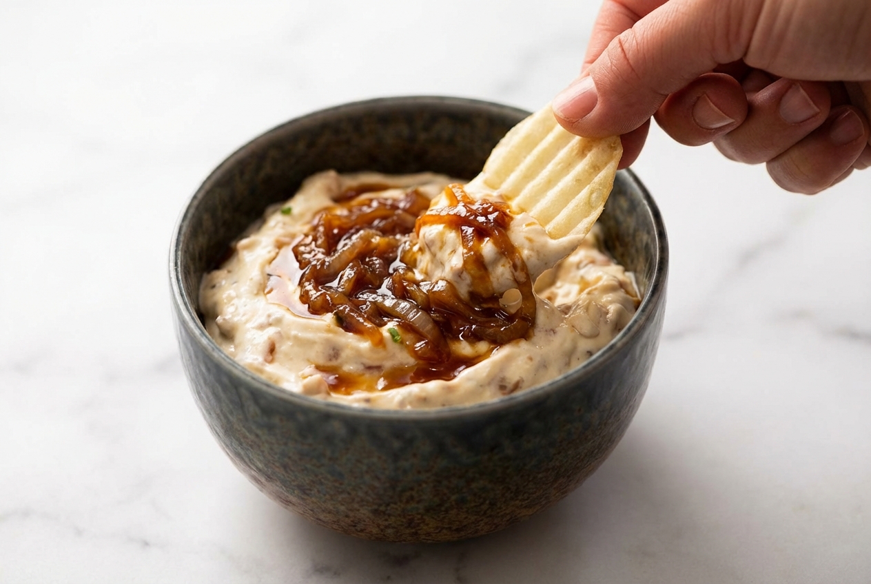 Creamy onion dip topped with sherry deglazed onions in a minimalist ceramic bowl on a white marble surface with soft shadows.