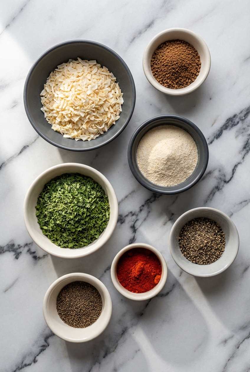 Flat lay of dehydrated onions, beef bouillon, and MSG-free seasonings on a contemporary white marble countertop for onion soup mix recipe.