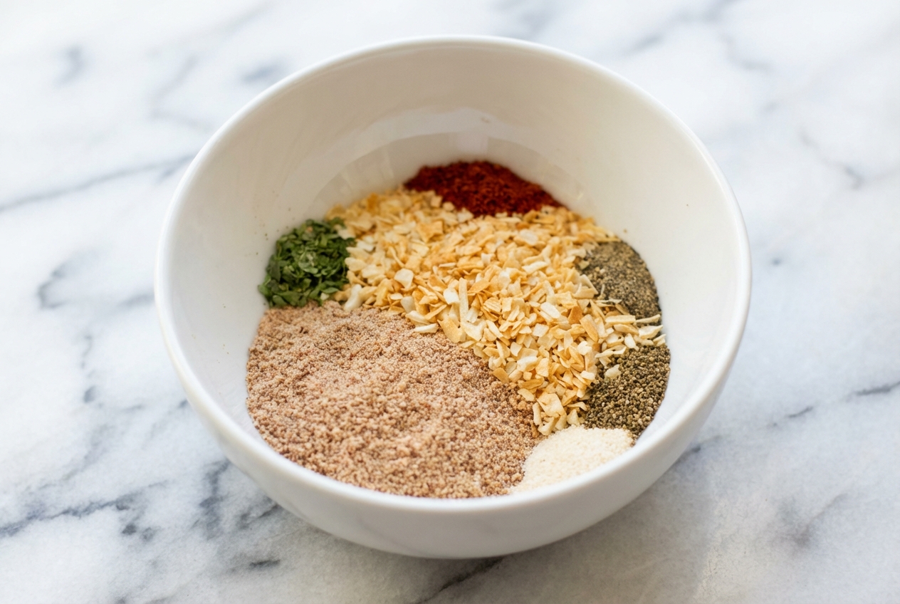 Toasted onion soup mix recipe in a minimalist ceramic bowl on a white marble surface with natural window lighting.