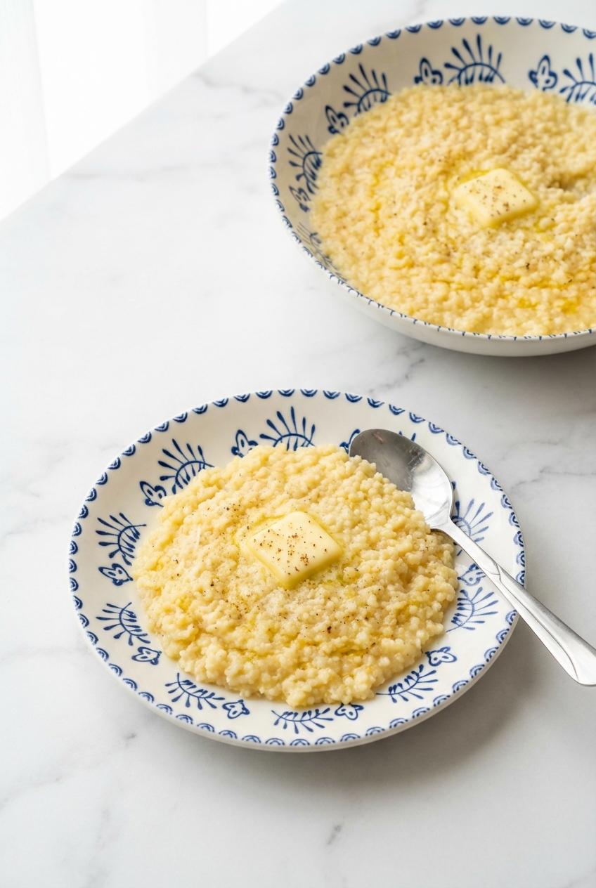 Glistening pastina recipe served al dente in a ceramic vessel, highlighting the golden hue and rich mantecatura technique.