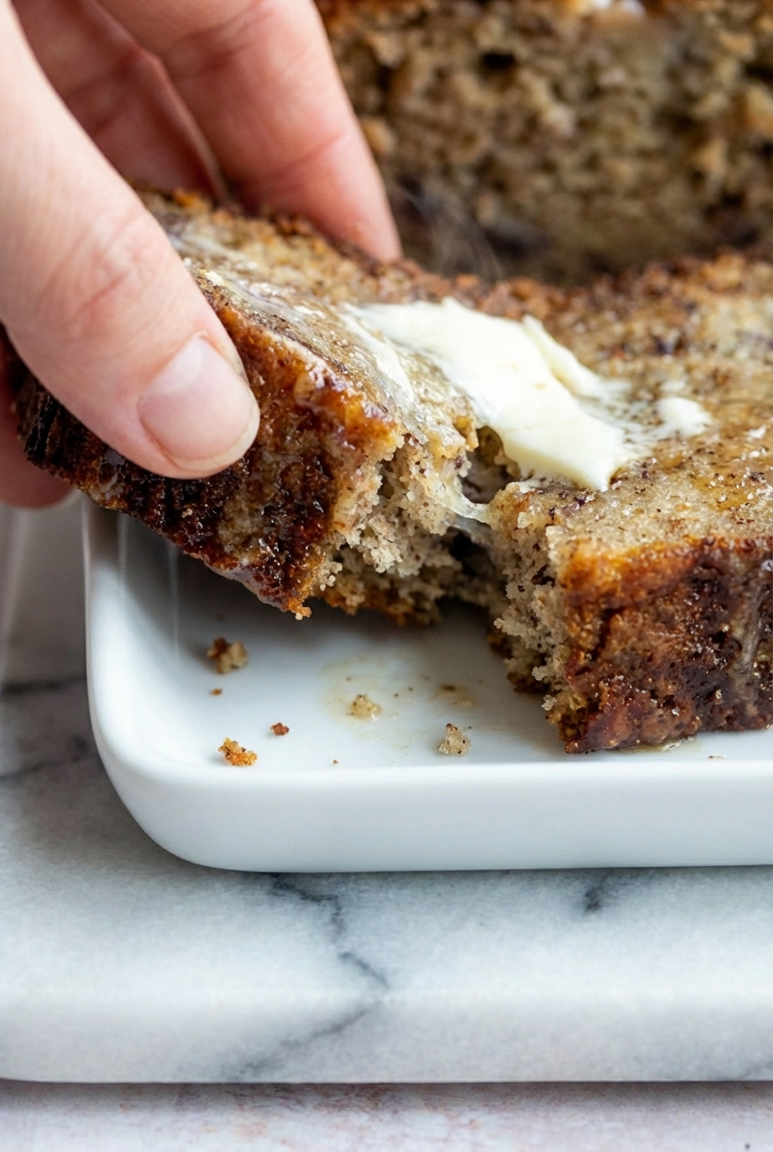 A golden-brown Moist Banana Bread loaf cooling on a wire rack over a white marble surface in natural window lighting.