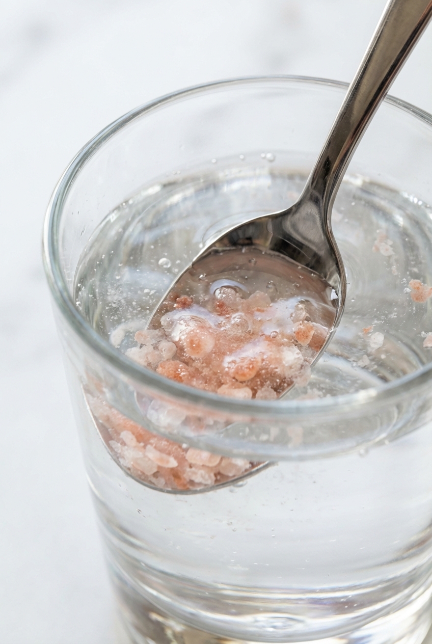 Stirring the pink salt diet trick recipe in a glass on a white marble surface with soft shadows and natural window lighting.