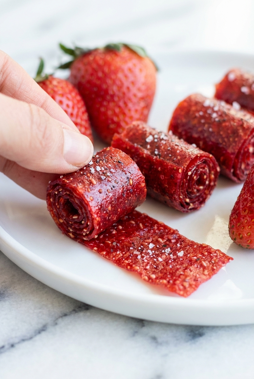 Close-up of smooth strawberry puree spread evenly on a silicone baking mat for 3-Ingredient Strawberry Fruit Roll-Ups.