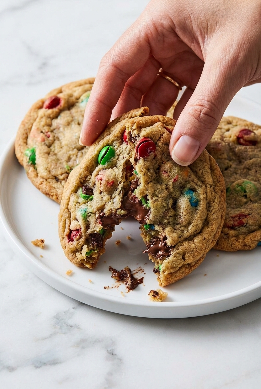 Close-up of perfectly round m&m cookies showing the Maillard reaction and melted chocolate textures on parchment paper.