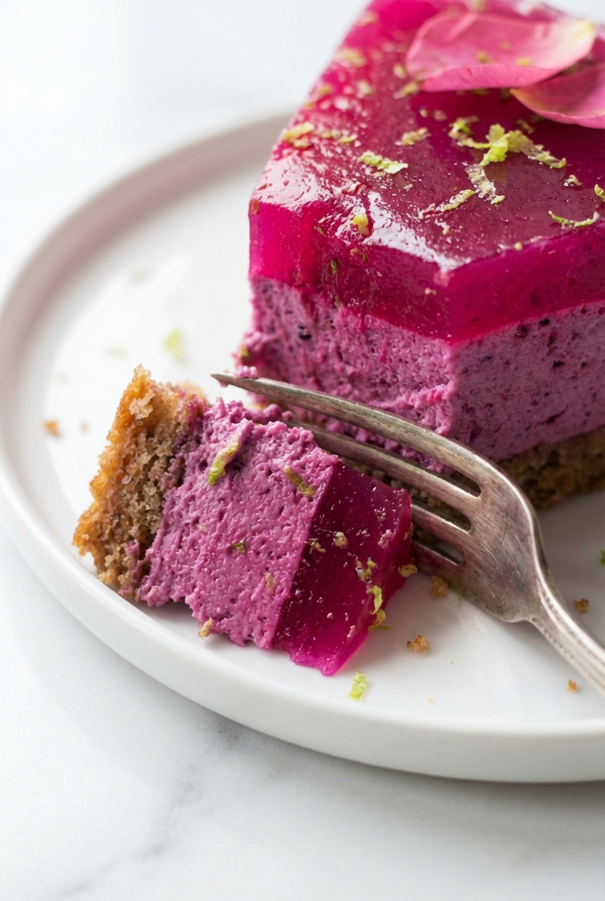 Close-up of the Pink Dragon Fruit Layer Cake crumb showing the betacyanin-rich magenta hue and delicate texture.