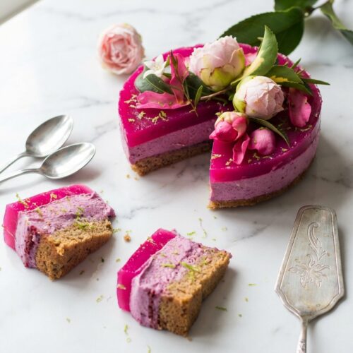 Pink Dragon Fruit Layer Cake with a tangy lime juice infusion on a white marble surface in natural window lighting.