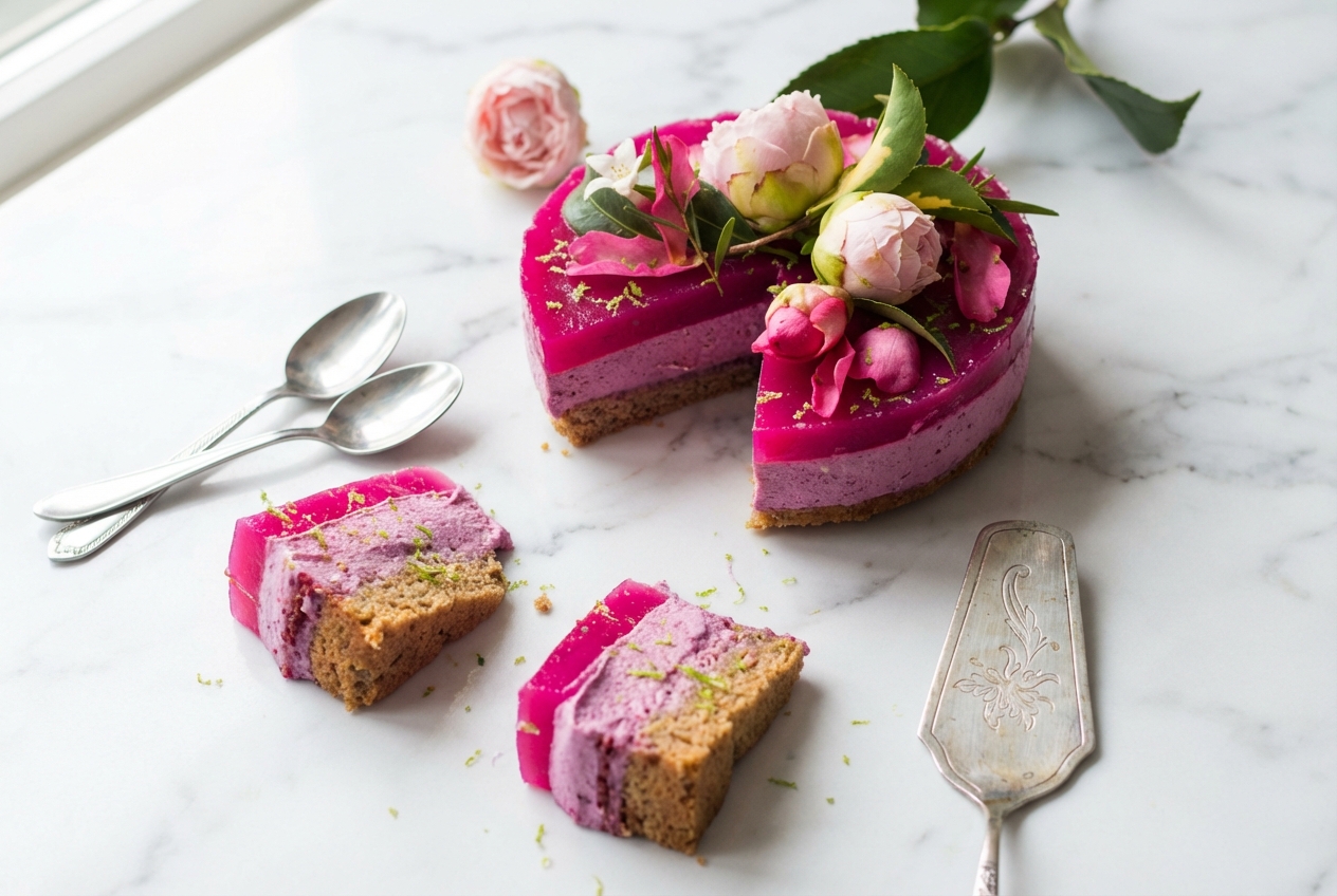 Pink Dragon Fruit Layer Cake with a tangy lime juice infusion on a white marble surface in natural window lighting.
