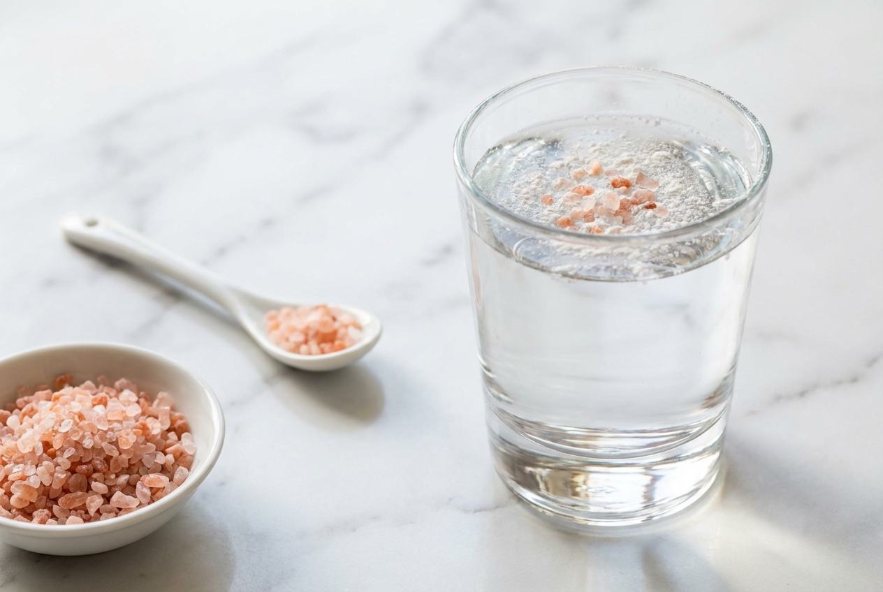 Pink salt diet trick recipe in a minimalist ceramic vessel on a white marble surface with a cream of tartar electrolyte upgrade.