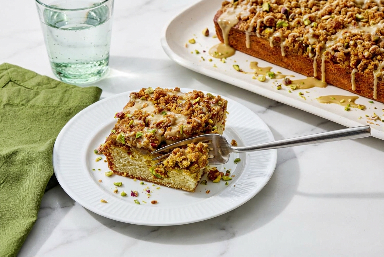 Pistachio Coffee Cake on a minimalist ceramic plate, featuring a golden toasted brown butter streusel topping and moist crumb.