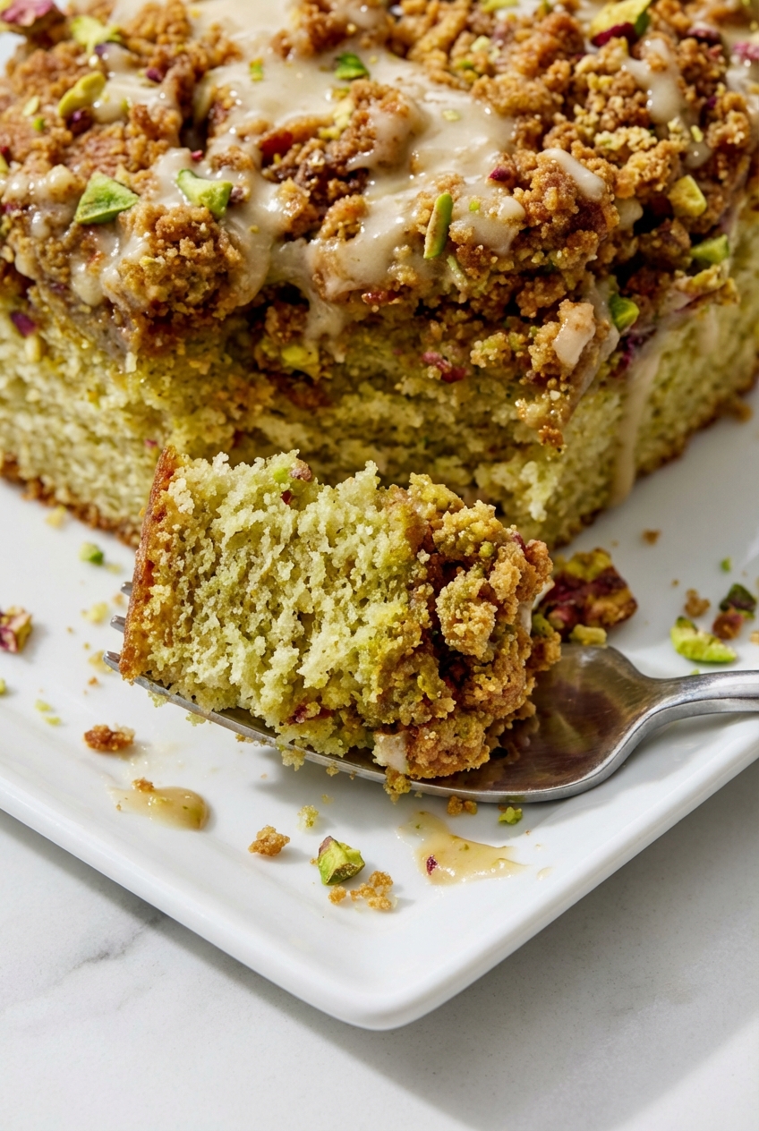Macro shot of the Pistachio Coffee Cake crumb texture highlighting the light, airy interior and the crunchy brown butter streusel.
