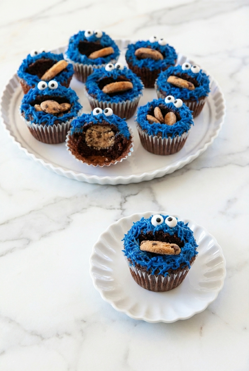 Cookie Monster Cupcakes freshly removed from a muffin tin, showing a perfect Maillard reaction on the cake edges.