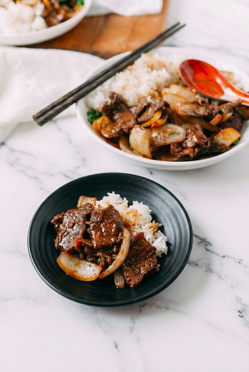 Close-up of Beef Stir-Fry with Onions showing the velvety texture of meat sliced against the grain on a contemporary countertop.