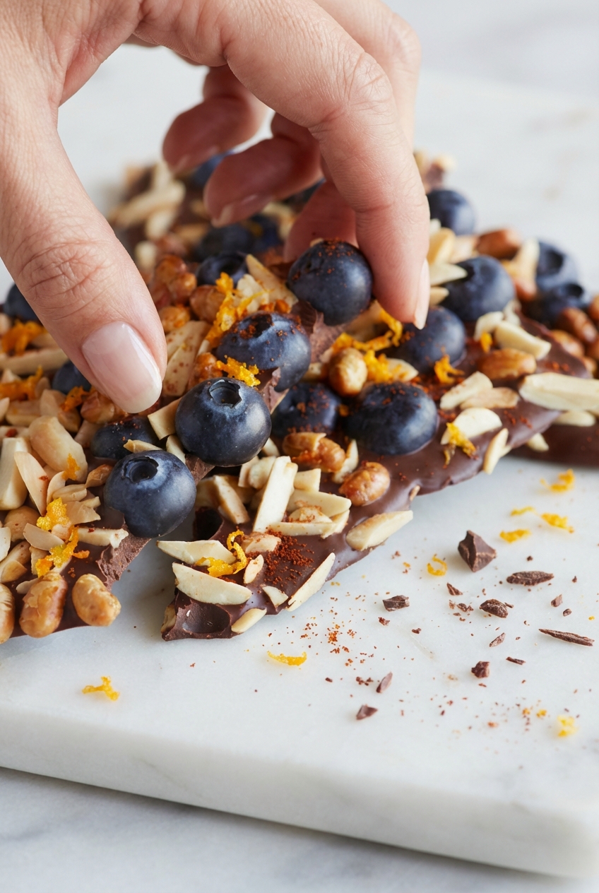 Close-up texture of blueberry chocolate bark showing the glossy snap of tempered chocolate and vibrant orange zest.
