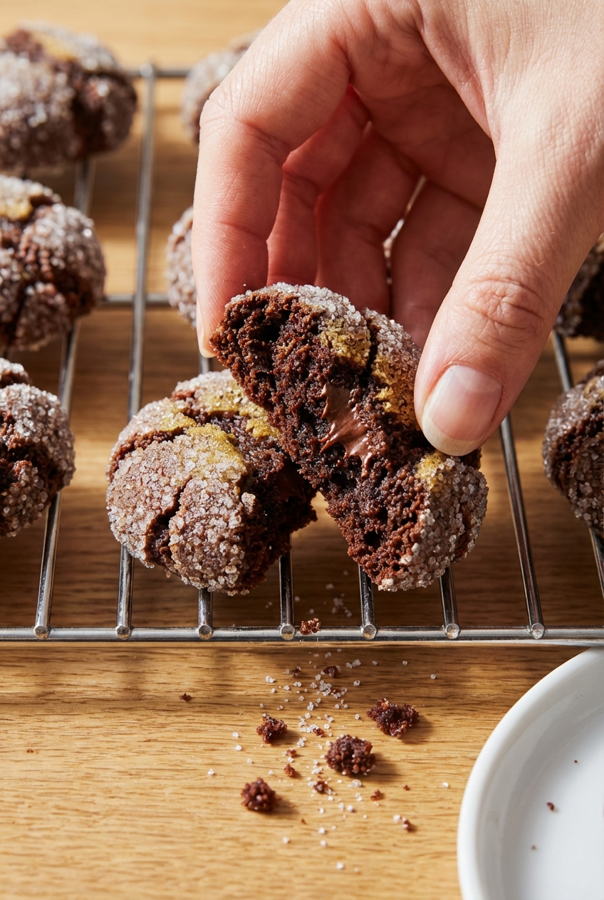 Chocolate Crinkle Cookies dough balls on parchment paper on a white marble surface featuring the granulated shield method.