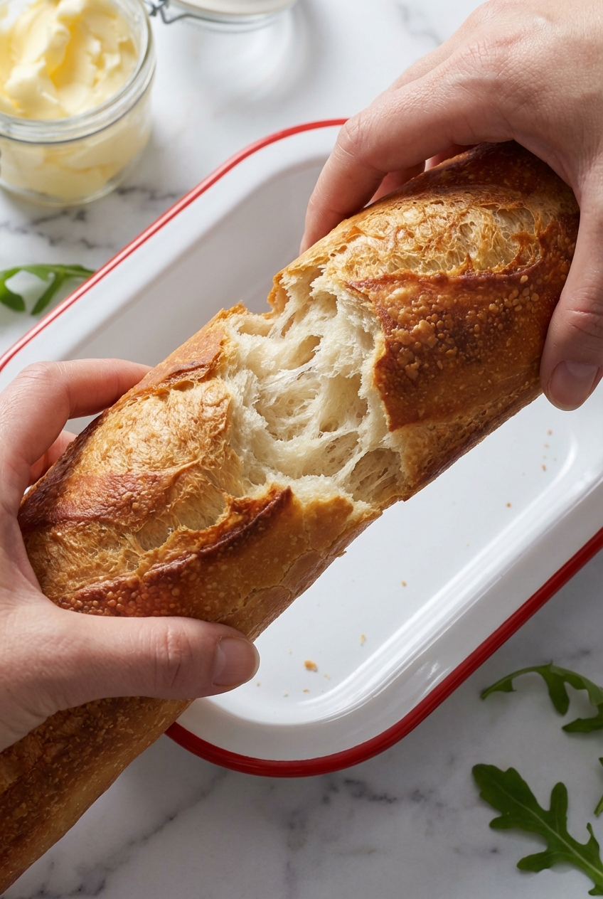Close-up of the crispy, blistered crust of a No Knead Baguette Recipe loaf highlighting the Maillard reaction under natural lighting.