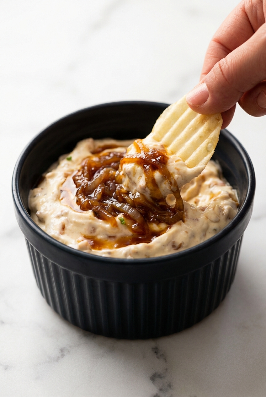 Close-up of golden brown caramelized onions on a white marble surface, showcasing the rich texture from the sherry deglazing process.