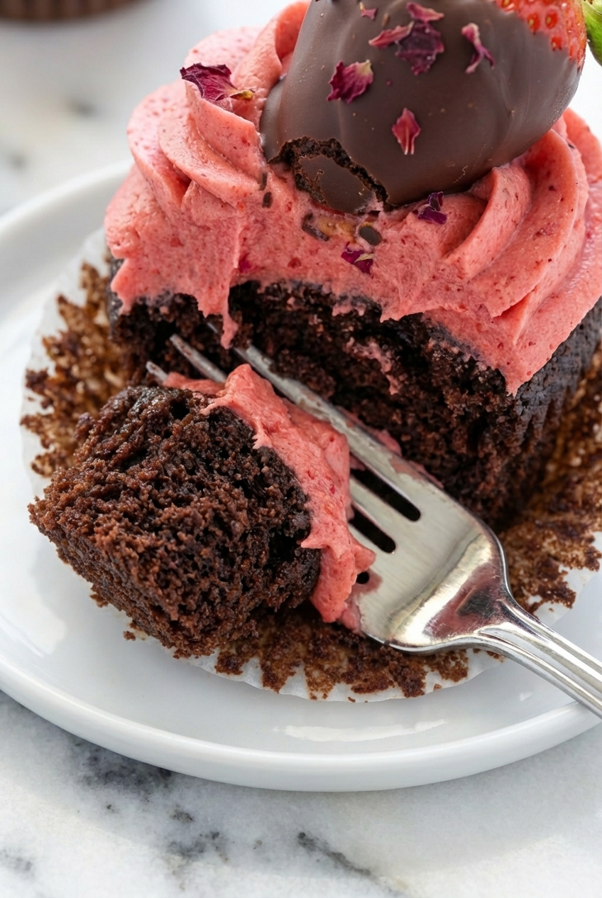 Close-up of a Chocolate-Covered Strawberry Cupcake on a minimalist ceramic vessel, featuring a perfect frosting swirl created with a Wilton 1M piping tip.