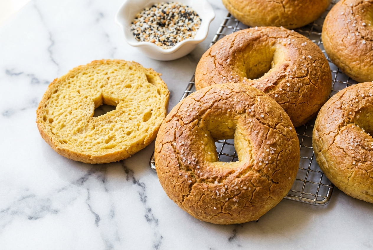 Protein Bagels with Cottage Cheese on white marble, showcasing a golden crust from the unique salt water brine spray.