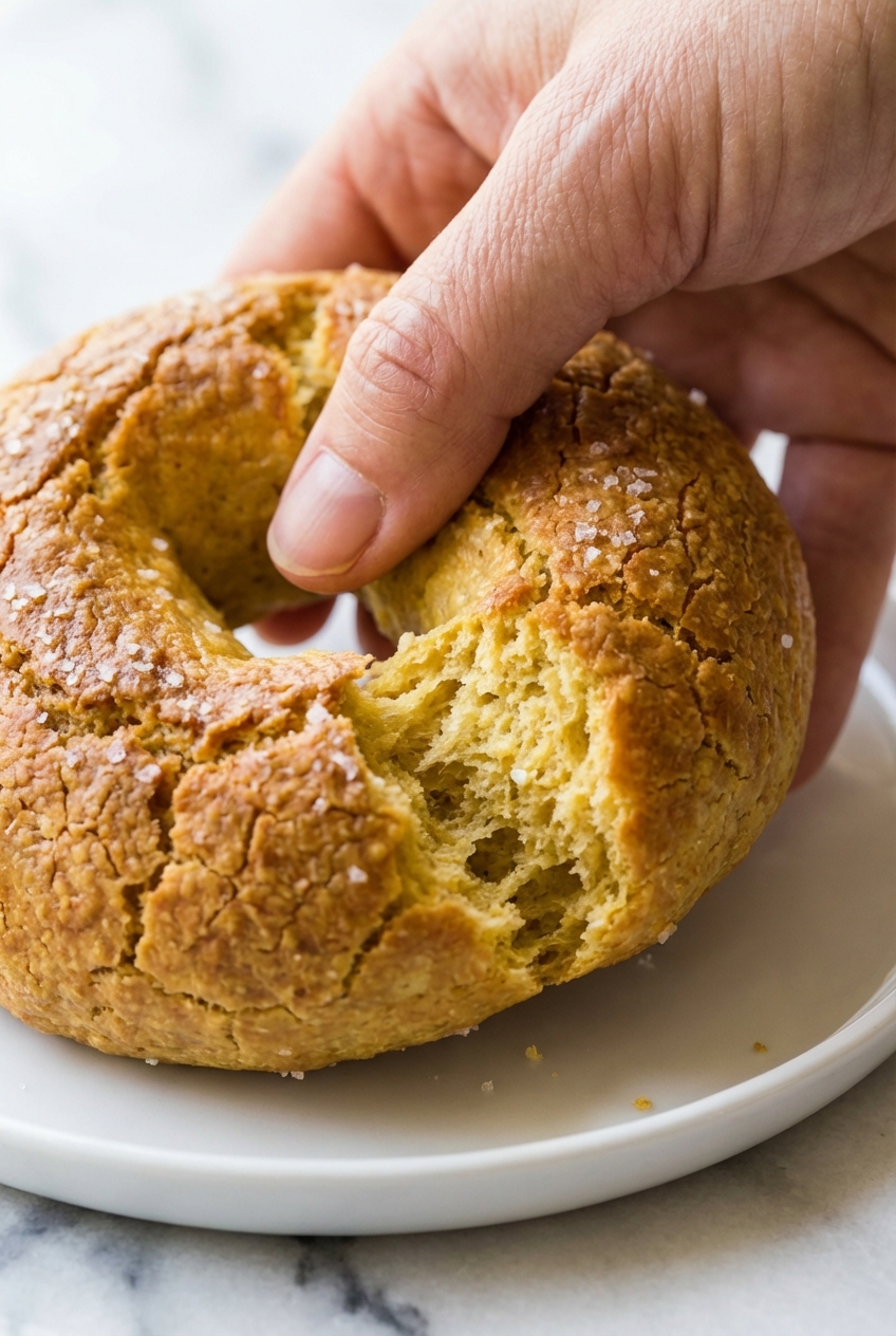 Macro close-up of the airy texture and crispy exterior of Protein Bagels with Cottage Cheese highlighting the Maillard reaction.