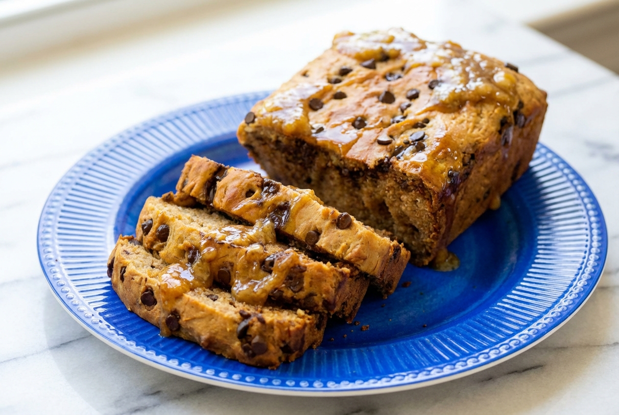Sliced Protein Banana Bread on a white marble surface with a golden crust, featuring a moist crumb swirled with caramelized banana mash and brown butter.