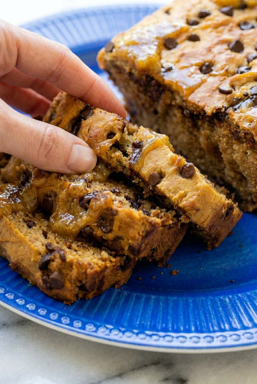 Close-up of the internal texture of Protein Banana Bread, highlighting the tender crumb made from a gluten-free flour blend under natural window lighting.