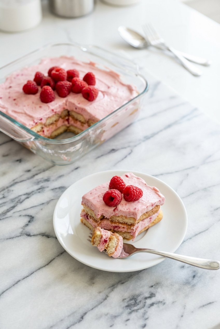 Close-up of Raspberry Tiramisu cream being folded to stiff peaks in a ceramic bowl under soft window lighting.