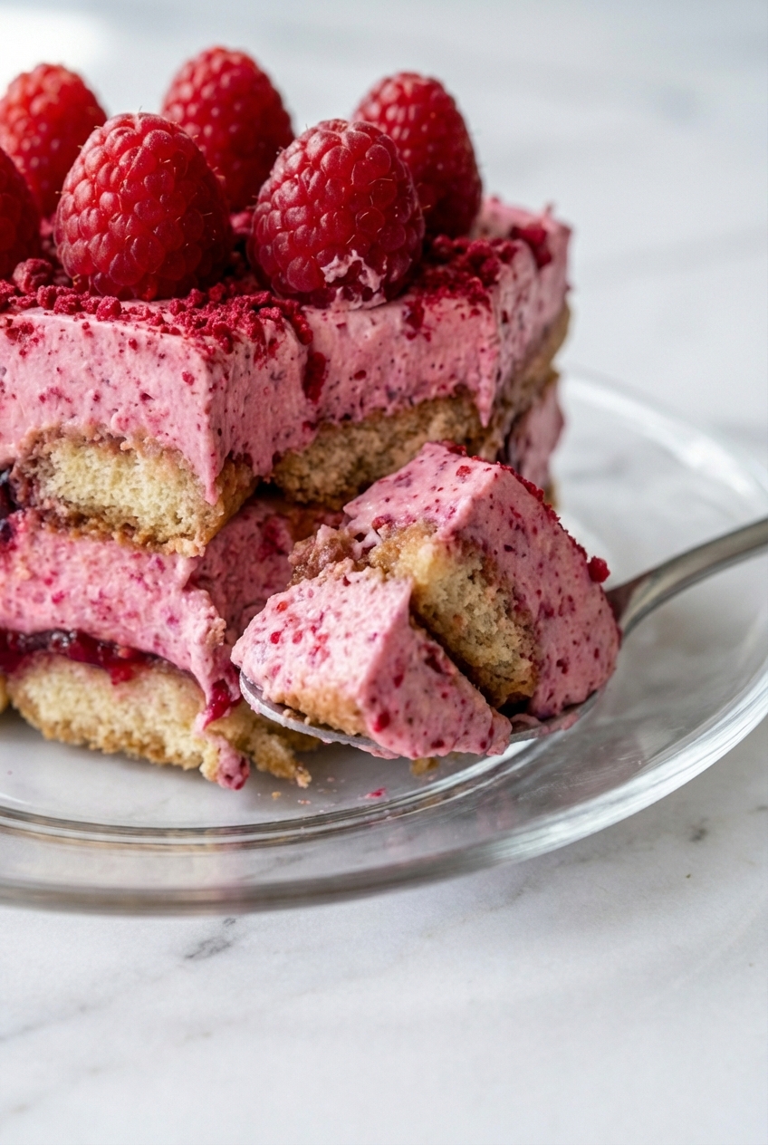 Side profile of Raspberry Tiramisu in a minimalist ceramic vessel showing distinct berry and cream layers on a contemporary countertop.