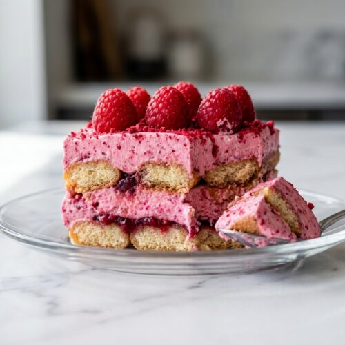 Raspberry Tiramisu on a white marble surface featuring light pink mascarpone cream infused with fine raspberry powder.