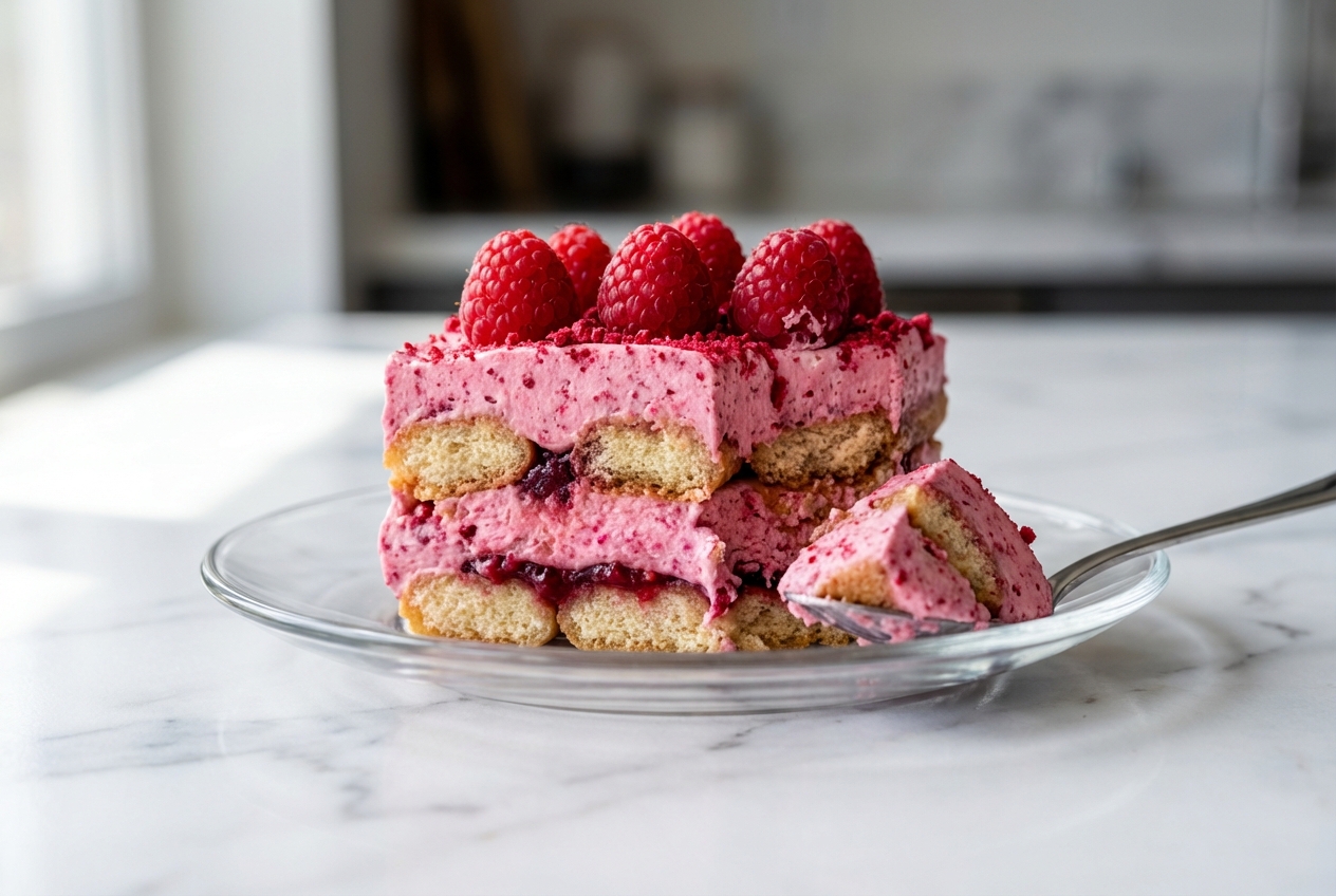 Raspberry Tiramisu on a white marble surface featuring light pink mascarpone cream infused with fine raspberry powder.