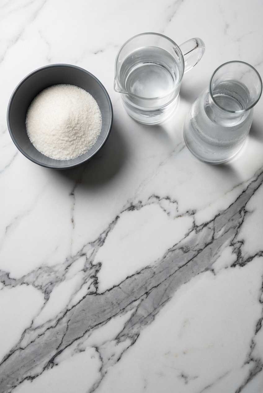 Flat lay of collagen protein, gelatin powder, and fresh ginger on white marble for the Dr Oz gelatin recipe for weight loss.