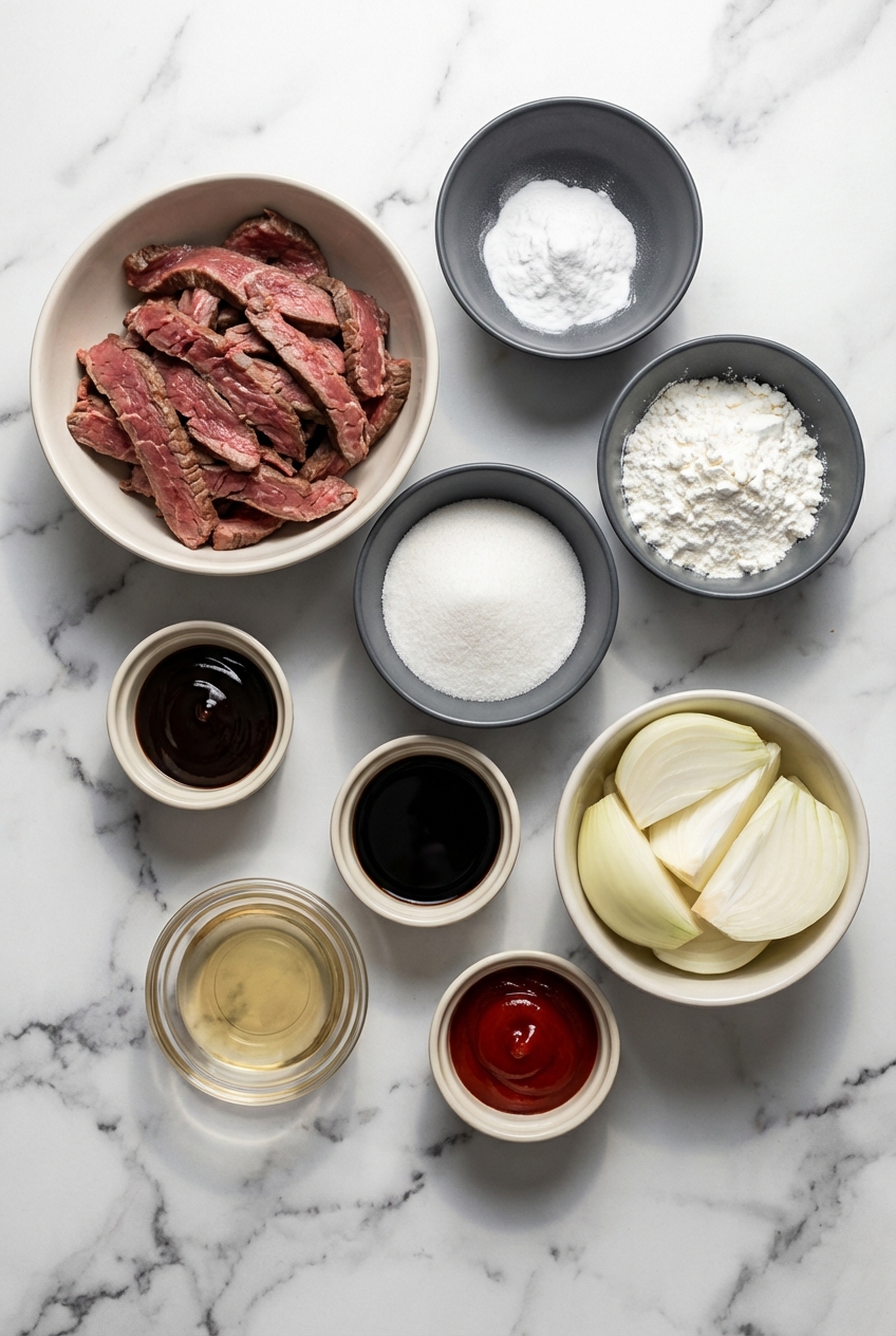 Flat lay of Beef Stir-Fry with Onions ingredients featuring flank steak, oyster sauce, and soy sauce on a white marble surface.