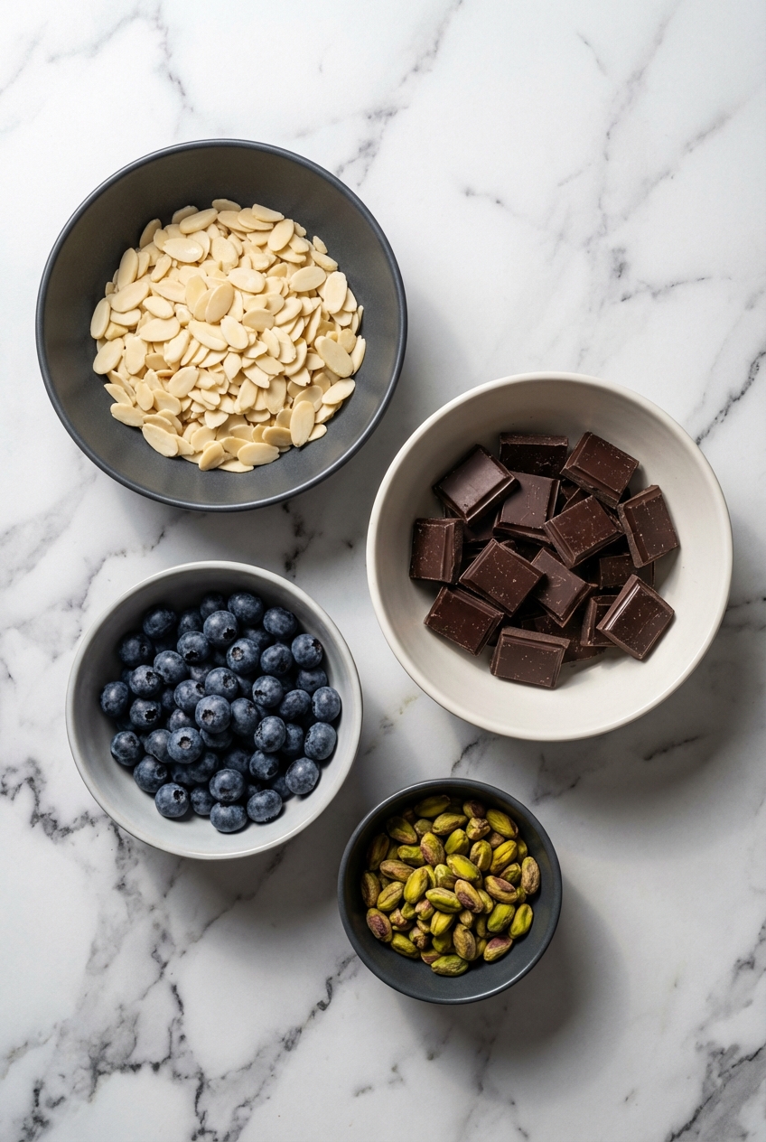 Flat lay composition of dark chocolate, fresh blueberries, and coconut oil on parchment paper with soft window lighting.