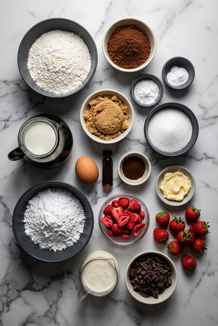 Flat lay of ingredients for Chocolate-Covered Strawberry Cupcake including natural unsweetened cocoa powder, freeze-dried strawberries, and buttermilk on a contemporary white countertop.