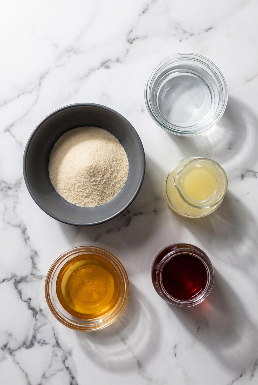 Flat lay of unflavored gelatin, fresh ginger root, and green tea leaves on a contemporary countertop for this gelatin trick recipe.
