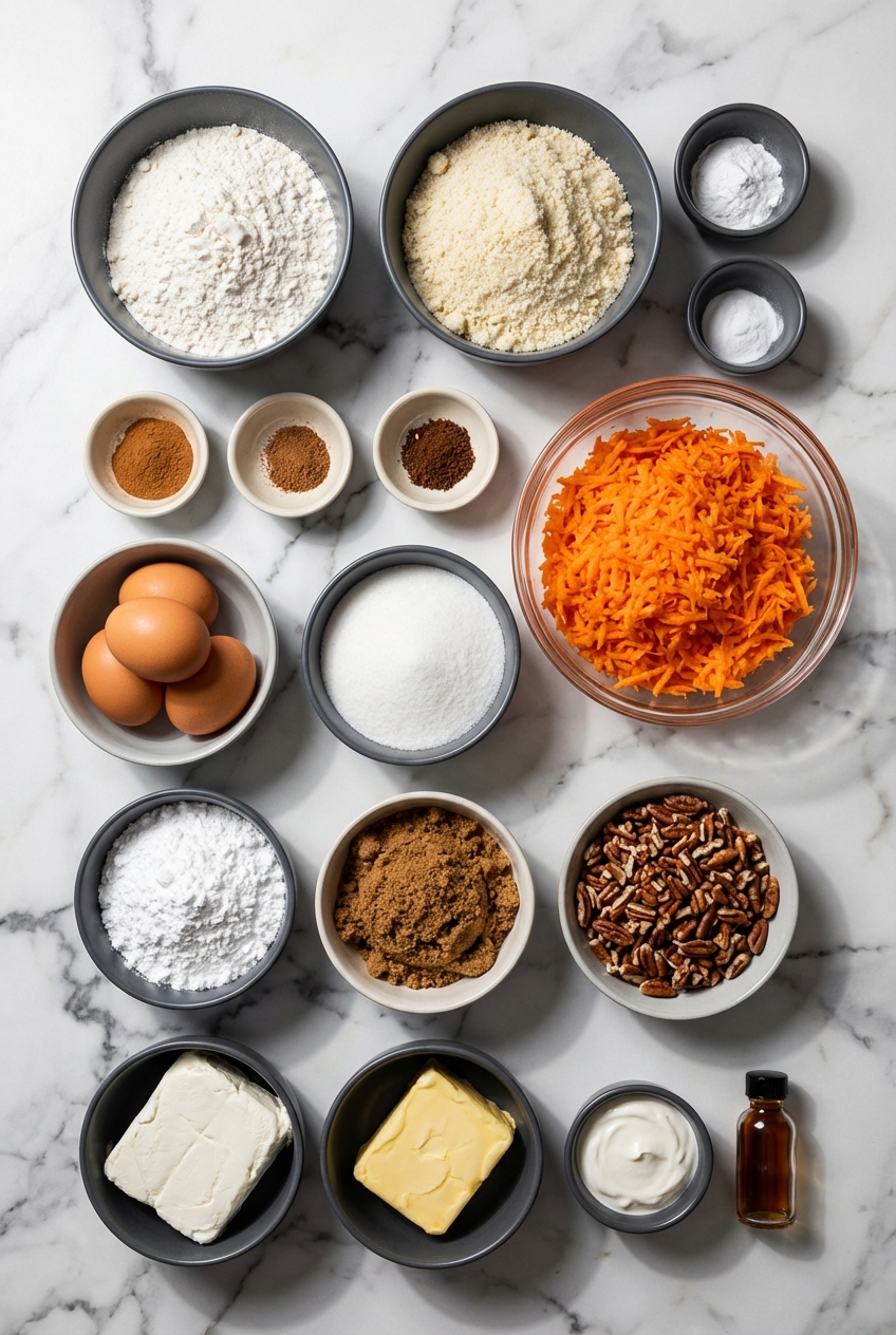 Flat lay of Gluten-Free Carrot Cake ingredients including rice flour, tapioca starch, and warm spices on a contemporary countertop.