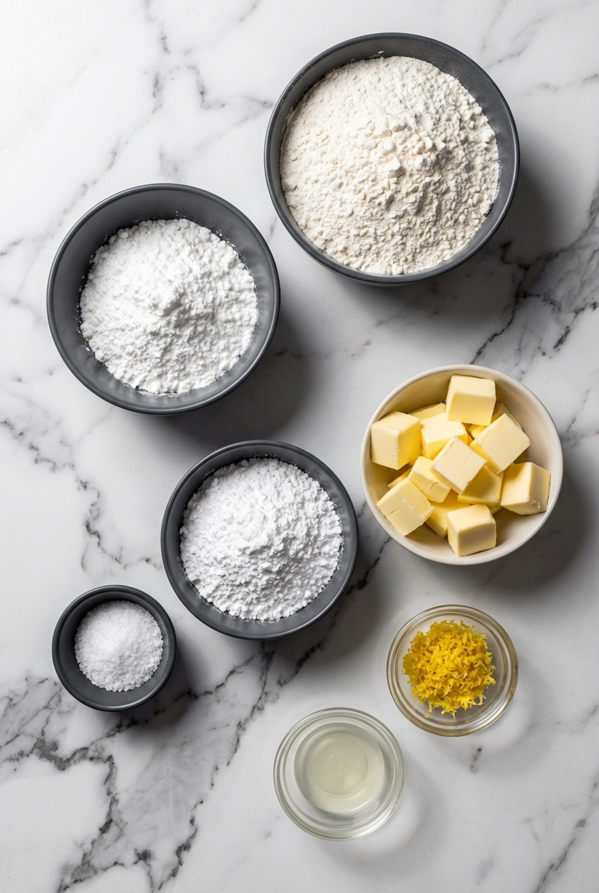Flat lay of ingredients for Meyer Lemon Meltaways including fresh yellow lemons, unsalted butter, and tapioca starch on a white marble countertop.