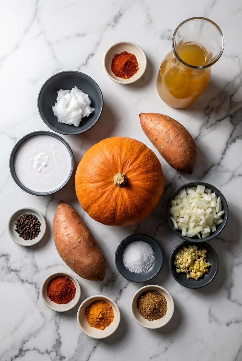 Overhead flat lay of Sugar Pumpkin, Red Kuri Squash, and Shiro miso on a contemporary countertop with soft natural window lighting.