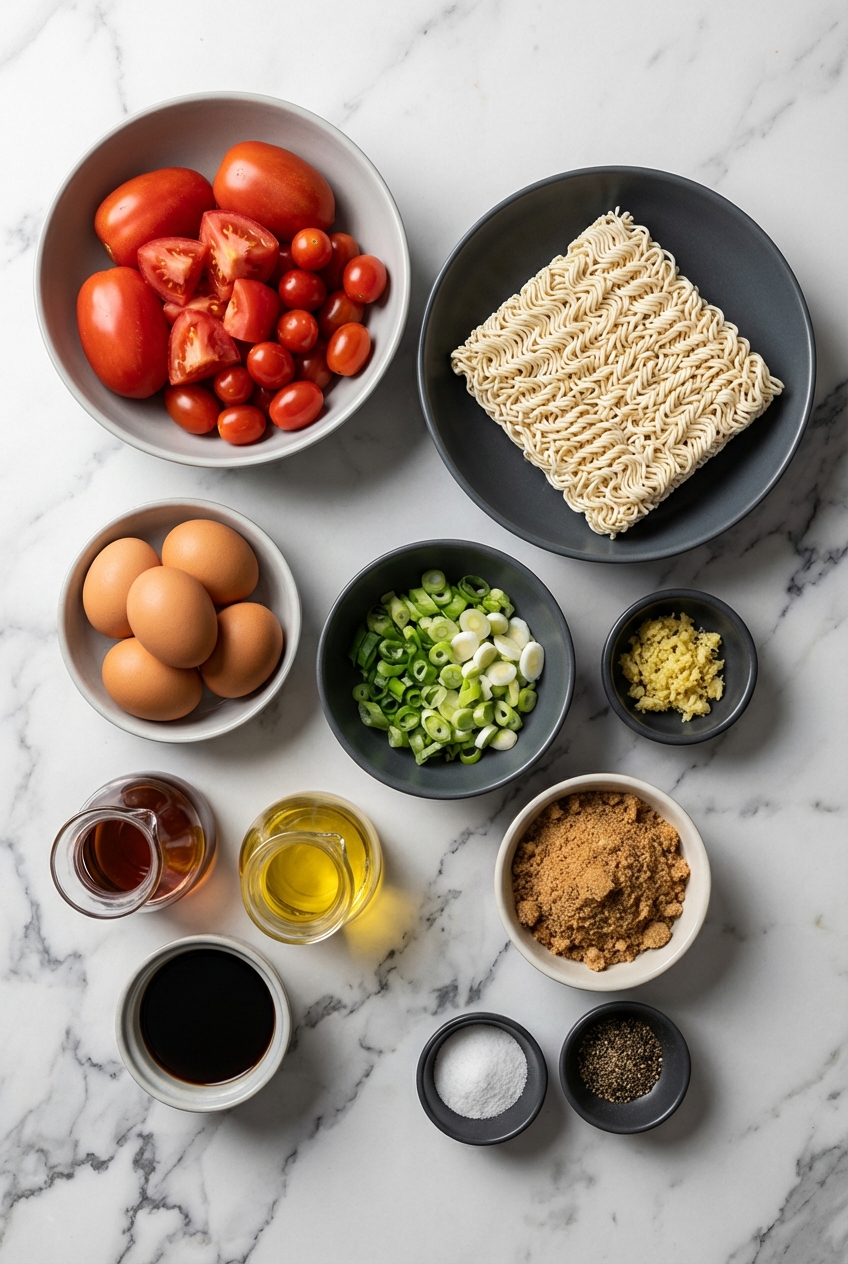 Flat lay of tomato and egg pasta ingredients on a contemporary countertop including fresh tomatoes, eggs, and aromatics.