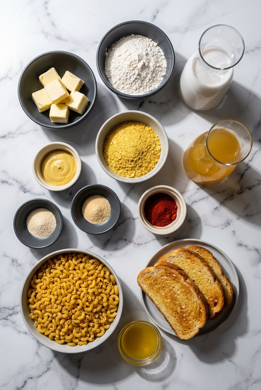 Flat lay of Vegan Mac and Cheese ingredients including elbow macaroni, cashews, and nutritional yeast on a white marble surface.