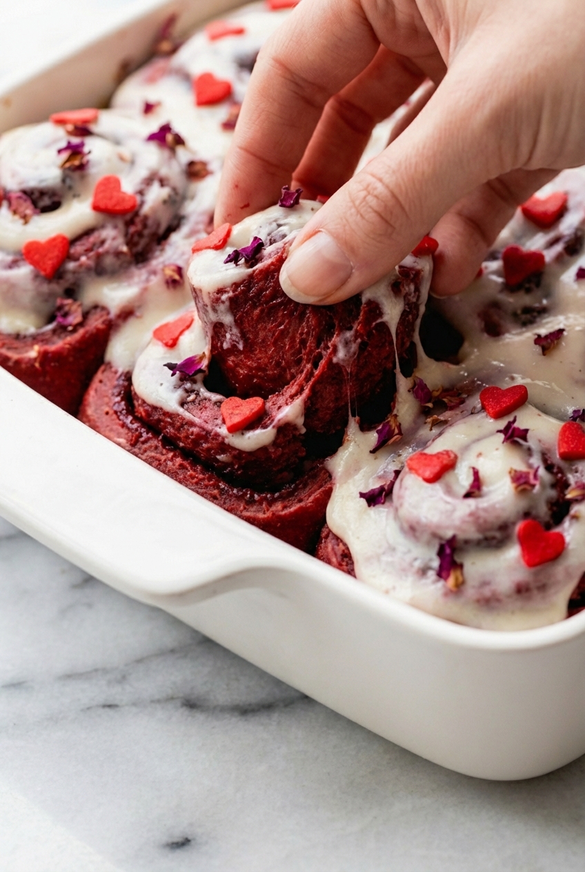 Red Velvet Valentine's Day Cinnamon Rolls dough undergoing the windowpane test on a white marble surface to check gluten development.